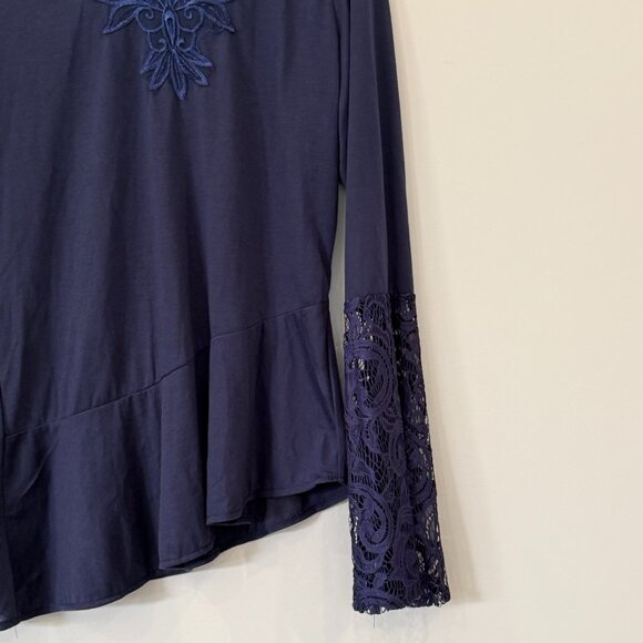 Embellished Navy Asymmetrical Tunic Lace Long Sleeves Size Large - Picture 3 of 5